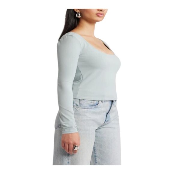 NEW Open Edit Small Pale Green Top Scoop Neck Long Sleeves Smooth Soft Stretchy - Picture 3 of 12